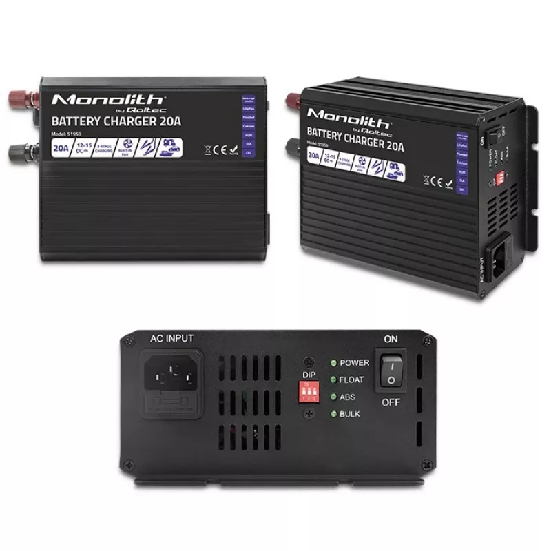 Laadija QOLTEC Monolith 20A 12V LiFePO4, AGM, GEL, SLA akudele
