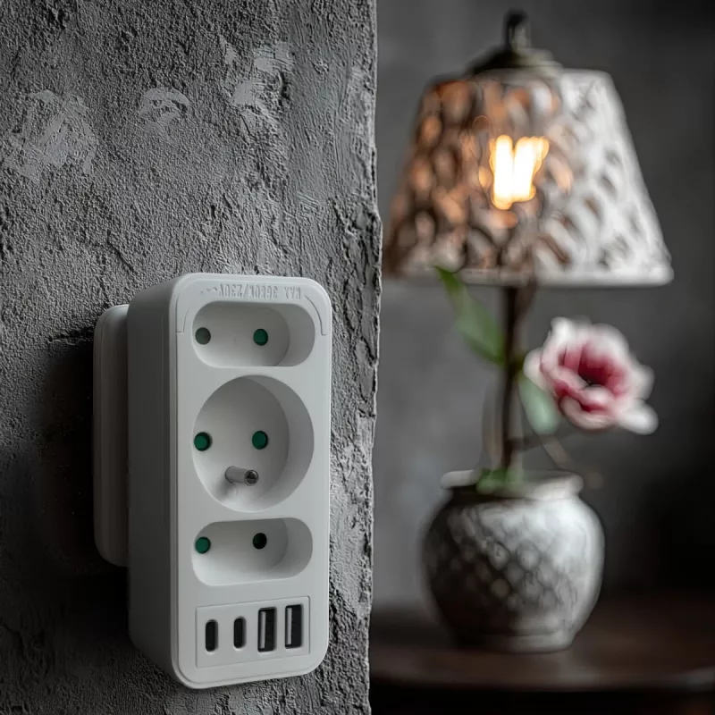 Toitepistikupesade jagaja MACLEAN MCE248 F/W — 3 vahelduvvoolu pistikupesa (1×16A, 2×6A) + 4×USB (2×A, 2×C PD 20W), EL-pistik, valge
