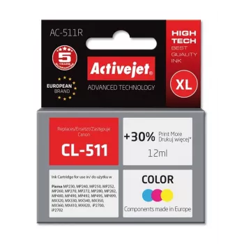 Tindikassett ActiveJet AC-511R ühilduv Canon CL-511, värvipõhine CMY, kõrge (XL) maht 12 ml, üksikpakend