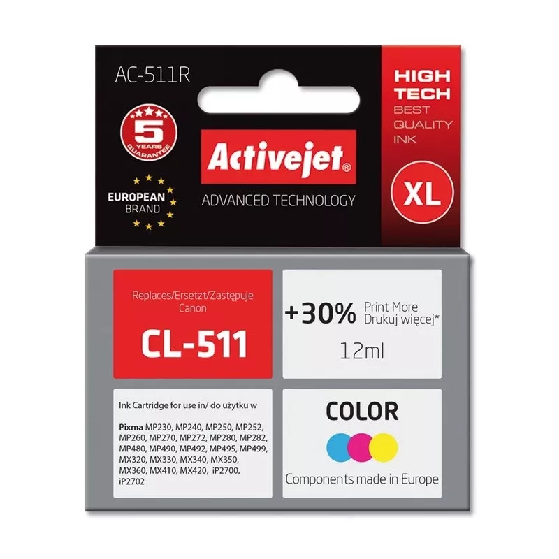 Tindikassett ActiveJet AC-511R ühilduv Canon CL-511, värvipõhine CMY, kõrge (XL) maht 12 ml, üksikpakend
