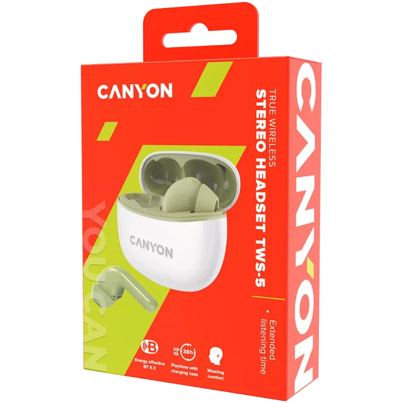 CANYON TWS-5 sissepandavad kõrvaklapid, roheline, Bluetooth 5.3, puutetundlik juhtimine, laadimissisend: USB-C