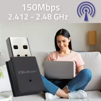 Juhtmevaba mini-USB Wi-Fi-adapter QOLTEC 57007 – üheribaline 2,4 GHz, kuni 150 Mbit/s, sisemine antenn