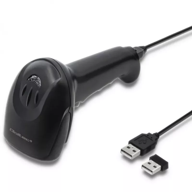 Pihustatav vöötkoodilugeja QOLTEC 50868 — 1D/2D laserskanner, USB-juhtmega ja juhtmevaba, töökaugus 600 mm, must