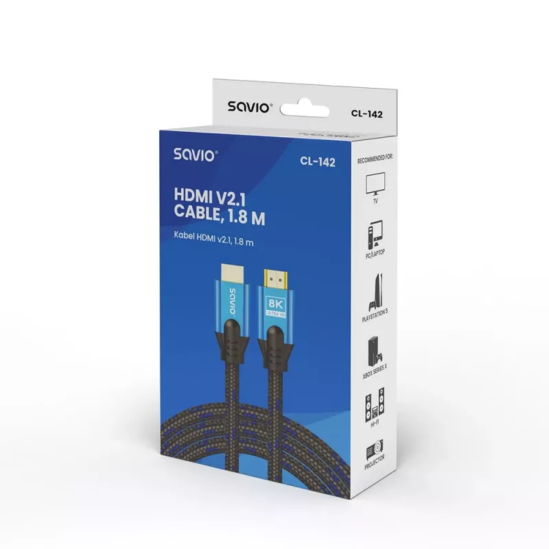 HDMI-kaabel Savio CL-142 v2.1 1.8 m, HDMI Type A isane–isane, kullatud kontaktidega, must/sinine