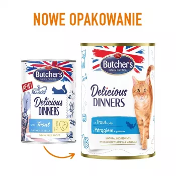 Märg kassitoit Butcher's Pet Care Delicious Dinners 400 g — forellimaitsega, täiskasvanud, säilitusainetevaba, gluteenivaba
