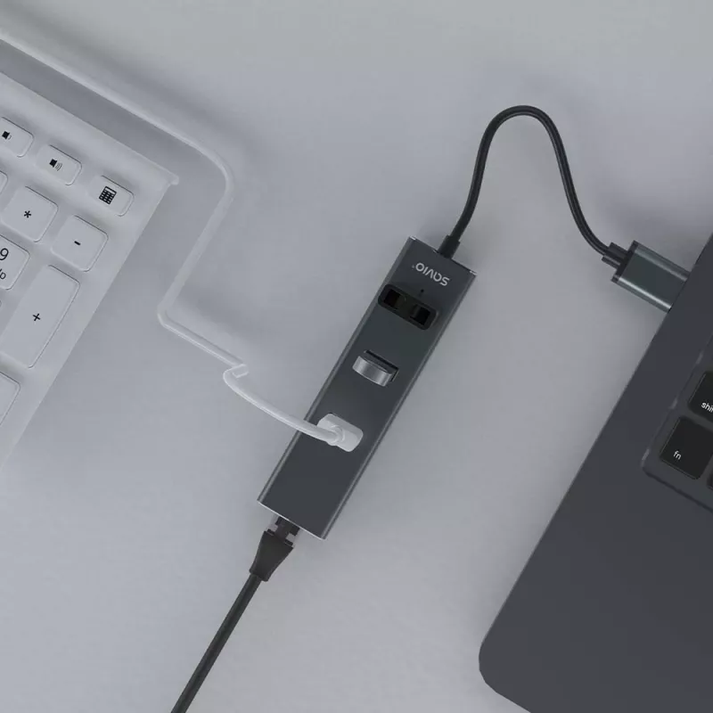 SAVIO USB-A jaotur RJ-45 Gigabit Ethernetiga AK-57 — 3× USB-A + RJ-45, USB 3.2 Gen 1 Micro‑B host, 5 Gbit/s, 4 porti, hall