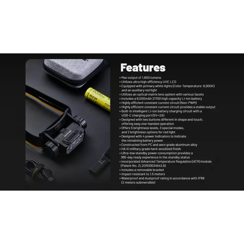 Nitecore HC70 UHE otsalamp, 1600 lm, 6 LED-i, IP68, USB-ga laetav, alumiinium, 172 g, must