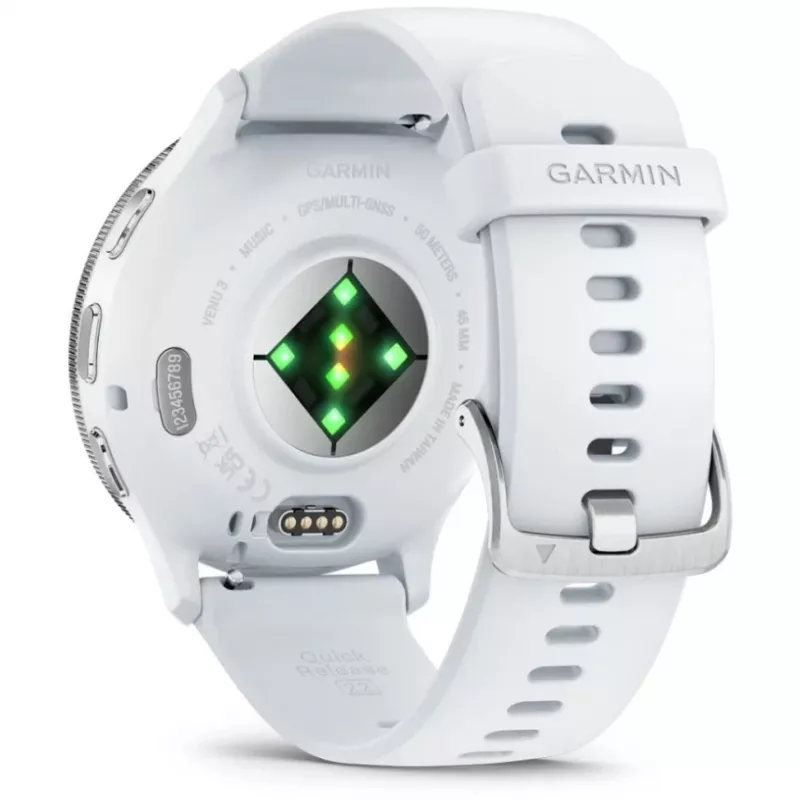 Nutikell GARMIN Venu 3 — 1,4-tolline AMOLED, 45 mm korpus, GPS, Wi‑Fi, 8 GB, hõbedane/valge, silikoonrihm