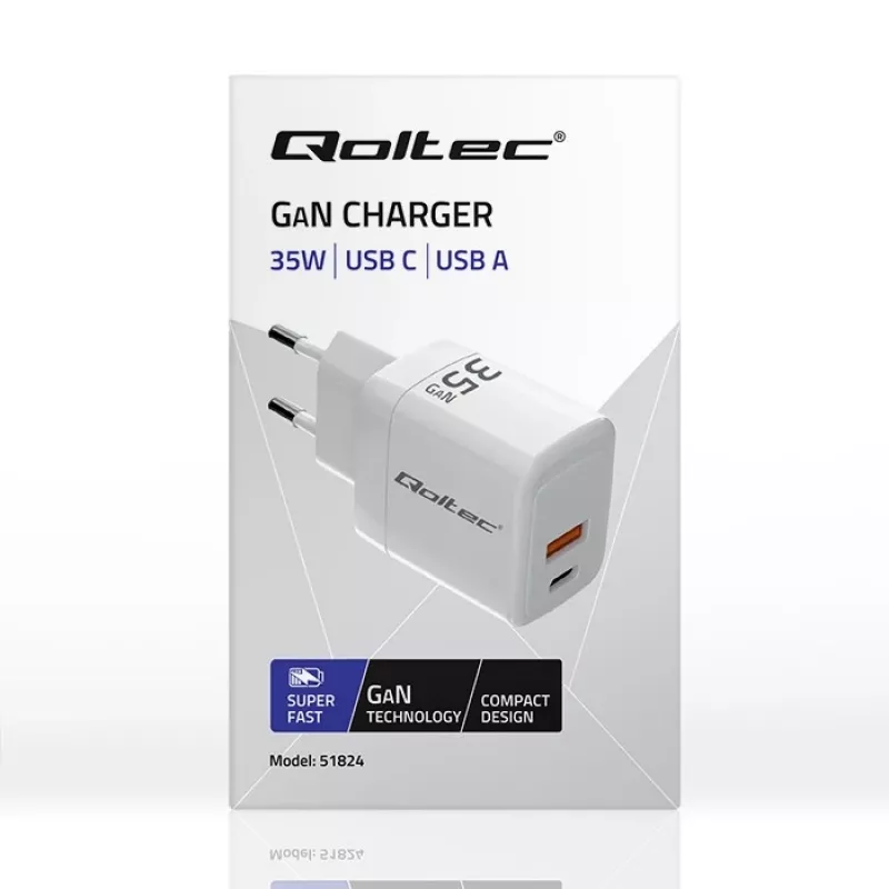 Laadija QOLTEC 51824 GaN 35W USB-C PD ja USB QC 3.0, 5–20 V, 1x USB-C, 1x USB-A