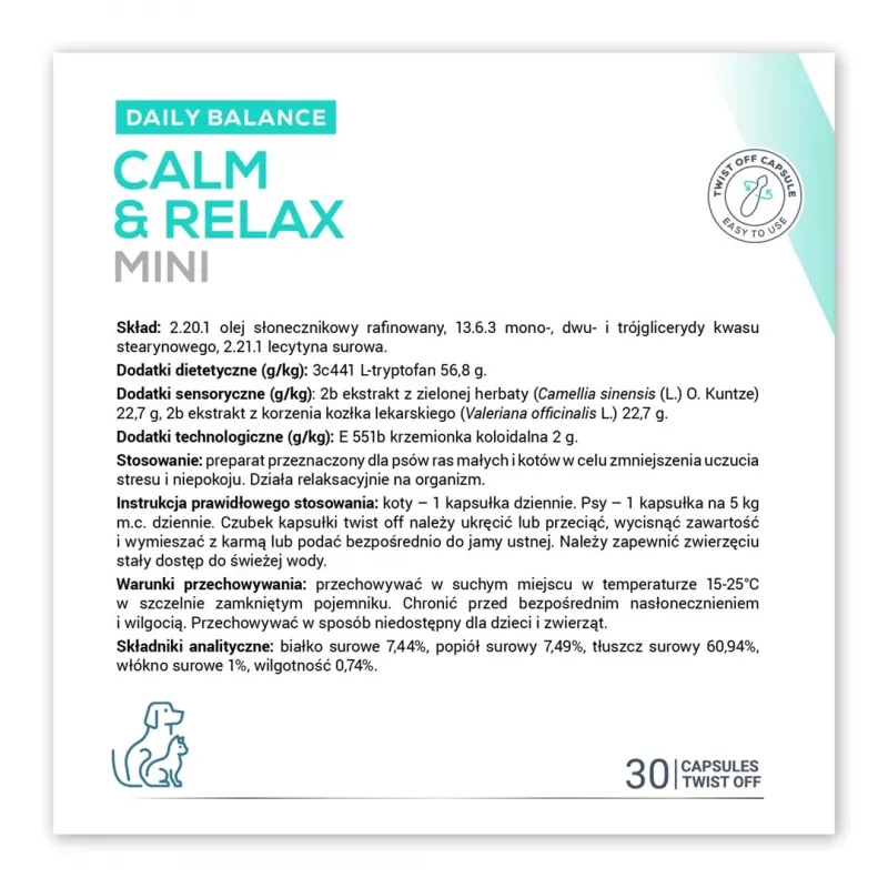Rahustav toidulisand VETEXPERT Calm&Relax Mini — 30 kapslit väikestele koertele ja kassidele, 100 g, suhkruvaba, gluteenivaba