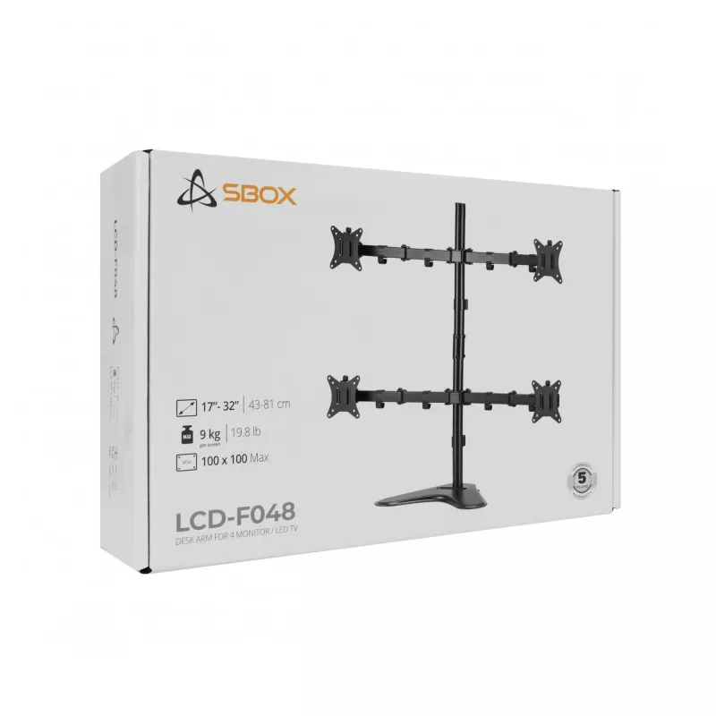 LCD-kinnitus SBOX LCD-F048-2 17–32-tollistele ekraanidele, toetab 4×9 kg, VESA 100×100