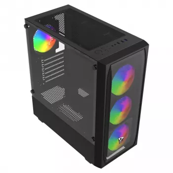 Arvutikorpus SAVIO Noctis Flow RGB — Kuubik, ATX/Mini-ITX, 3x 120 mm esiventilaatorit, karastatud klaasist külg, max GPU 35 cm