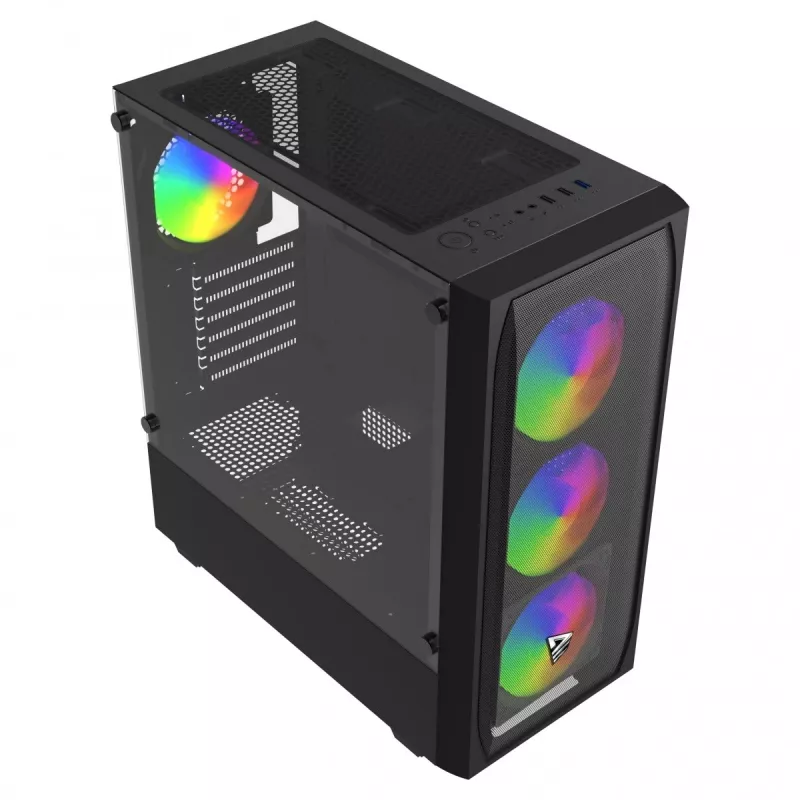 Arvutikorpus SAVIO Noctis Flow RGB — Kuubik, ATX/Mini-ITX, 3x 120 mm esiventilaatorit, karastatud klaasist külg, max GPU 35 cm