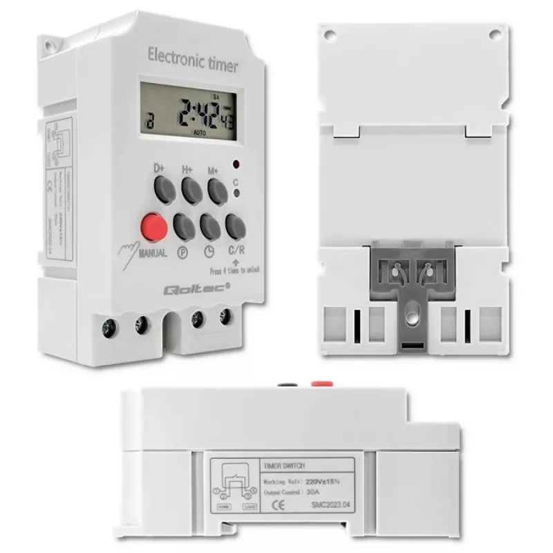 DIN-liistule paigaldatav elektrooniline taimer QOLTEC PC0629 — 24 V toide, 16 A väljund