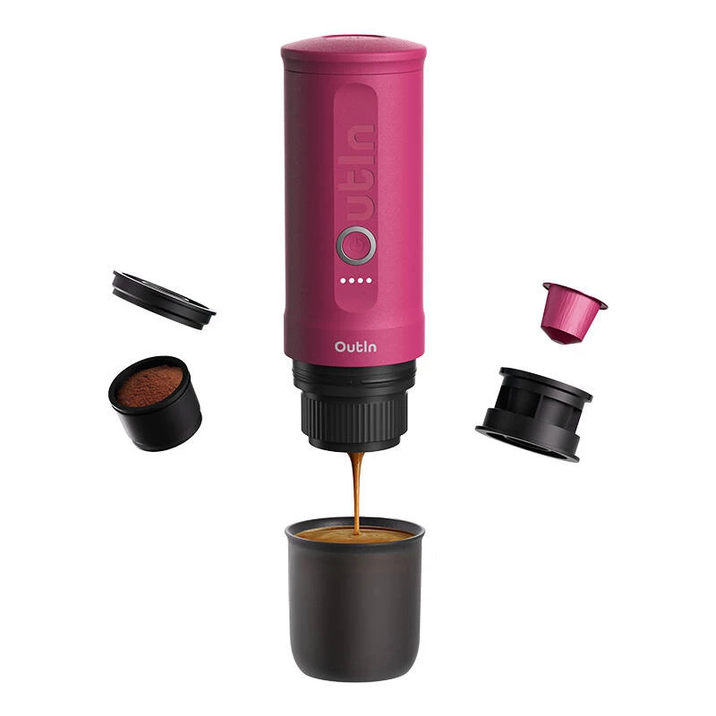 Kaasaskantav espressomasin OUTIN Outin Nano must, roosa — 20 bar, jahvatatud kohv, 7500 mAh aku, 670 g
