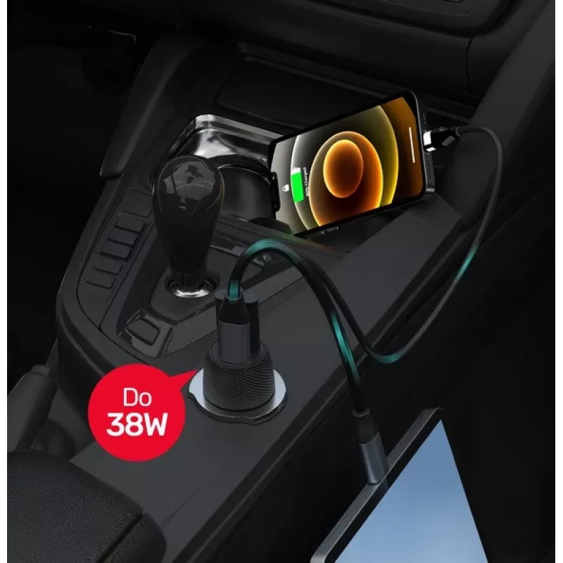 Autolaadija Unitek P1400A USB-C ja USB-A-ga, 38 W, Quick Charge 3.0, sisend 12–24 V, must