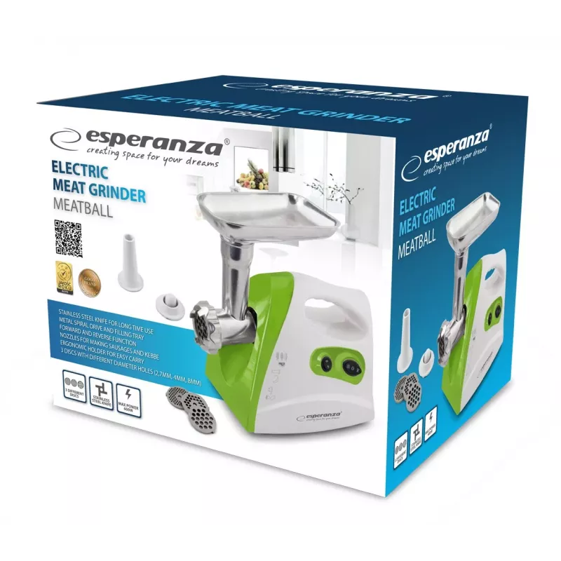 Hakklihamasin ESPERANZA EKM012G — 600 W, roostevabast terasest tera, vorstihoidik, kebbe valmistaja, tagurpidi käik, libisemiskindlad jalad, valge/roheline
