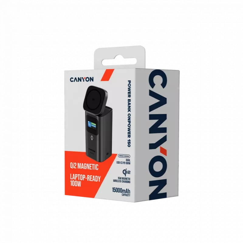 CANYON Qi2 magnetiline toitepank OnPower 150 15000mAh Alumiinium Tumehall