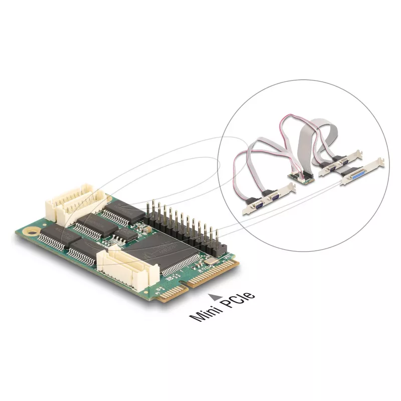 Sisemine Mini PCIe liidese adapter DELOCK 95279 — jada host, Mini PCIe väljund, RS-232 tugi, 460,8 Kbit/s, FIFO 256 B, 30×51×10 mm
