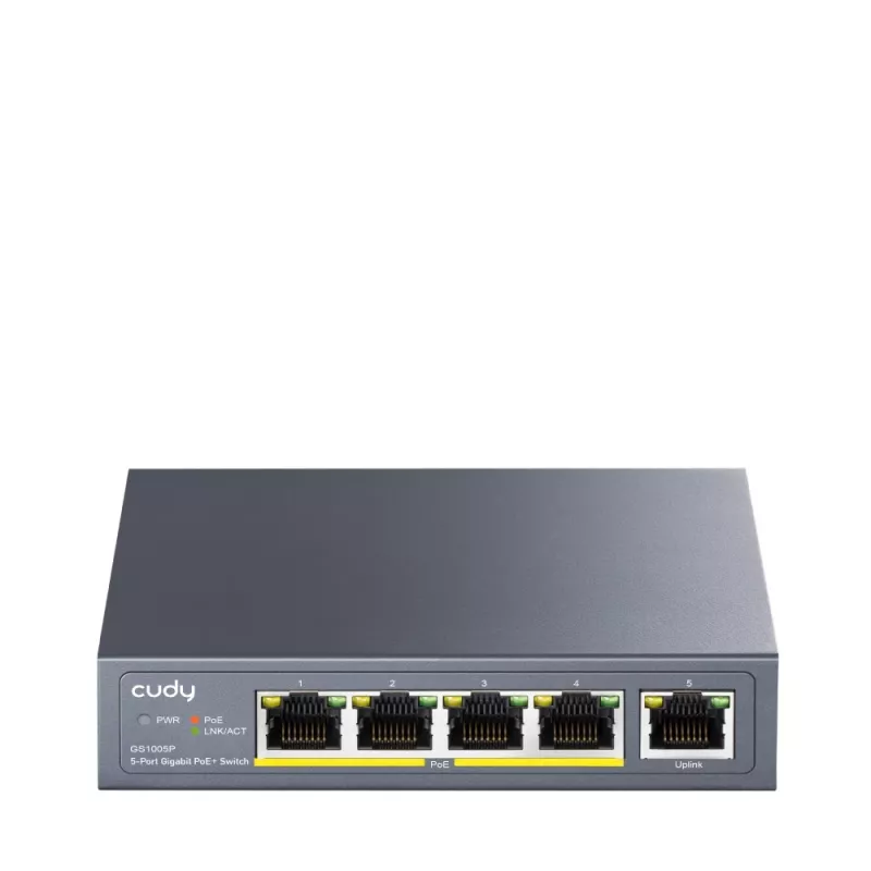 Võrgukommutaator Cudy GS1005P — 5-pordine Gigabit Ethernet 4 PoE-pordiga, 60 W koguvõimsus, metallkorpus, rack-paigaldatav