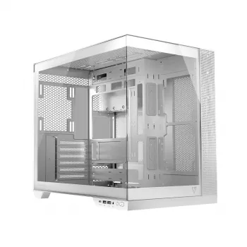 PC korpus MODECOM Volcano Panorama Midi Tower valge — micro ATX, karastatud klaas, ARGB, USB-C, toetab GPU-d 400 mm