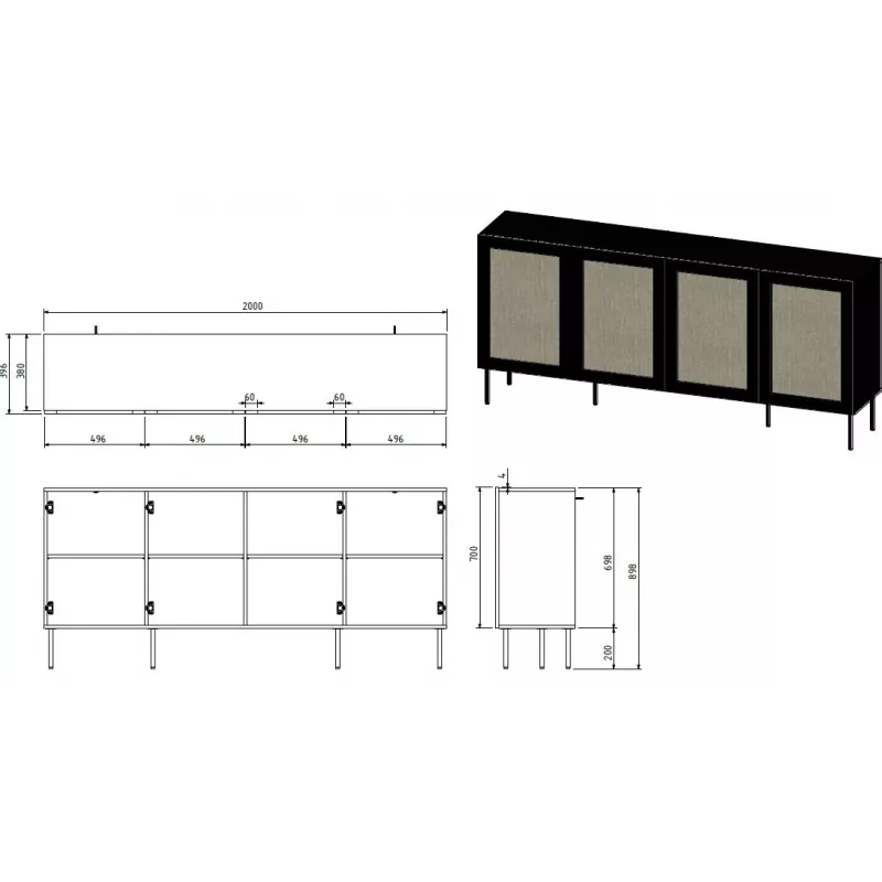 JUTA 4D kummut 4D 200x39,5x90 must + linol calabria