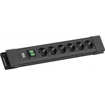 Pistikupesade rida Bachmann CONNECTUS 6× CEE7/3 pistikupesa, 1× lüliti, 2,0 m kaabel, CEE7/7 pistik, must