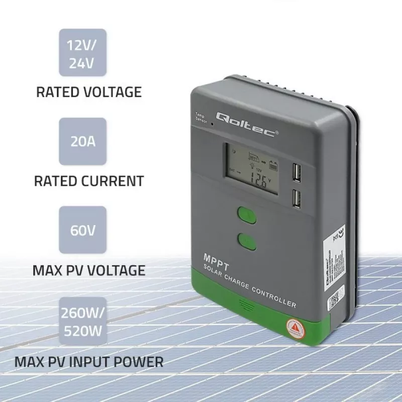 Qoltec, päikese MPPT laadimiskontroller temperatuurianduriga 20A 12V/24V LCD-ekraan 2 x USB