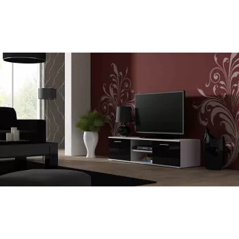 TV-alus cama meble SOHO 140 — 1400×430×370 mm, valge pealispind, puitlaastplaat, valge raam, mustad läikivad esiküljed