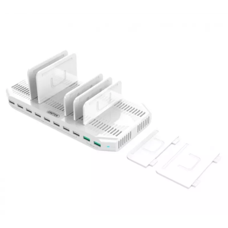 Laadimisjaam Unitek Y-2190A — 10× USB-porti (8×USB2.0 + 2×USB3.2 Gen1), juhtmevaba laadimine, 96W kokku