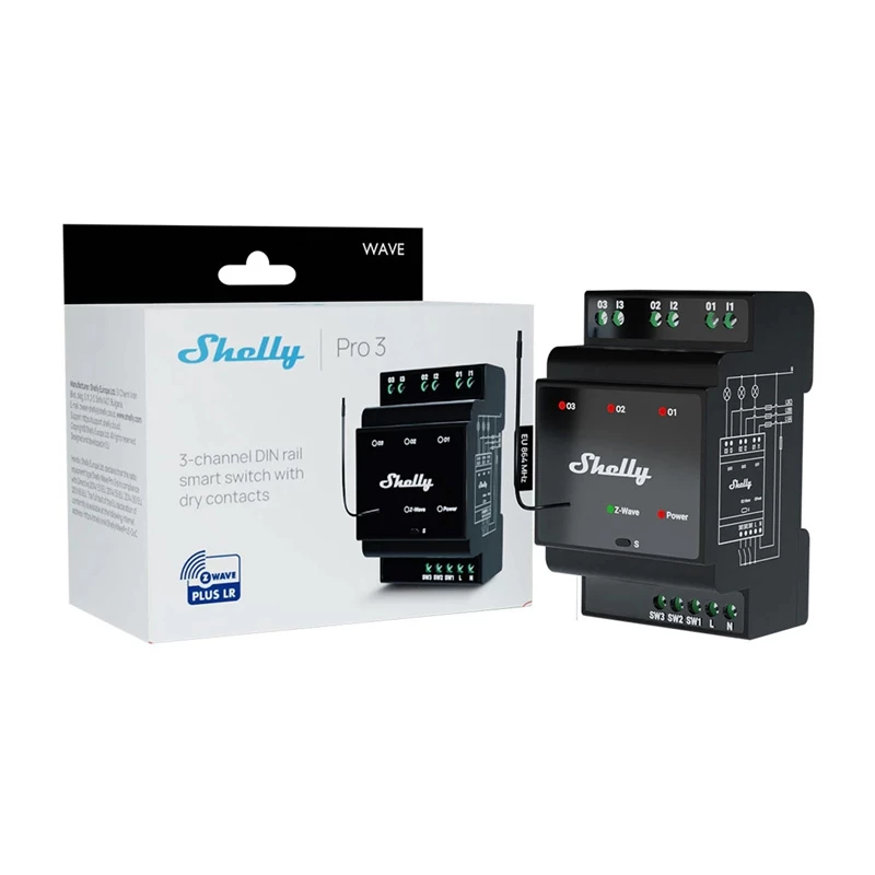 DIN-liistu nutirelee Shelly WavePro3 3-kanaliline Z-Wave, 110–240 V, 25 A kanali kohta, AES-128, DIN-kinnitus