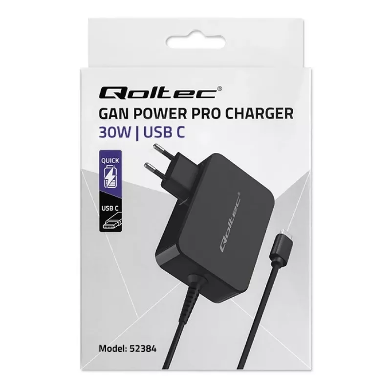 Toiteadapter QOLTEC 52384 GaN 30W väljund 5–20V USB laadija