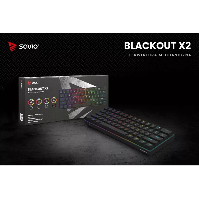 Mehaaniline mänguriklaviatuur SAVIO MustOUT X2 PEACH — 61 klahvi, 60%, QWERTY, RGB LED, hot-swap, USB Type-A/USB-C, eemaldatav kaabel