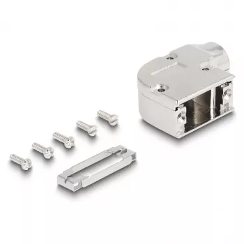 Kaablikaitse DELOCK D-Sub korpus 9-kontaktilisele isas-/emaspistikule 90° nurga all metallklambriga, hõbedane, 33×47×16 mm