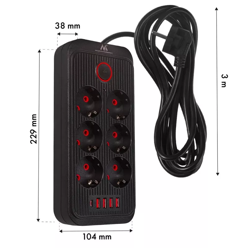 Pikendusjuhe MACLEAN MCE391 B – 6 pistikupesa, 4×USB-A + 1×USB-C, 110–240V, 2500W, 3 m kaabel, must