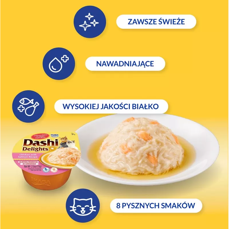 Niisked kassi maiused INABA Dashi Delights Kana lõhega puljongis 70 g — kalane maius, teraviljavaba, soja- ja gluteenivaba