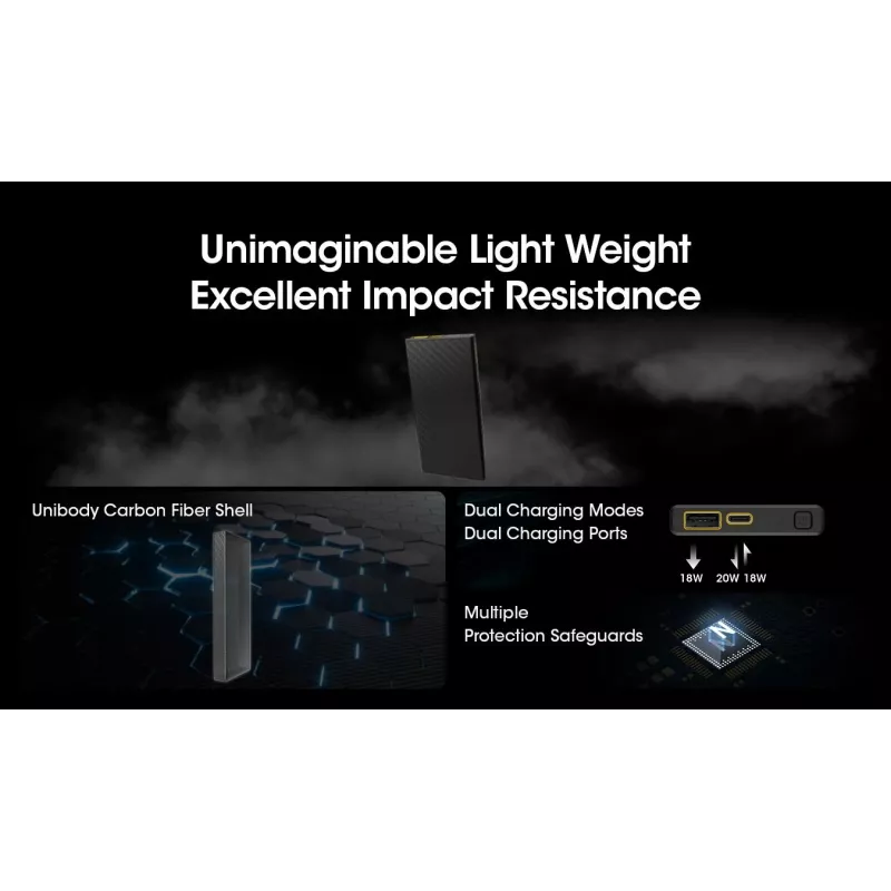 Kaasaskantav akupank Nitecore CARBO 10000 — liitiumioon 10000 mAh, 38 W PD, USB‑A + USB‑C, hall