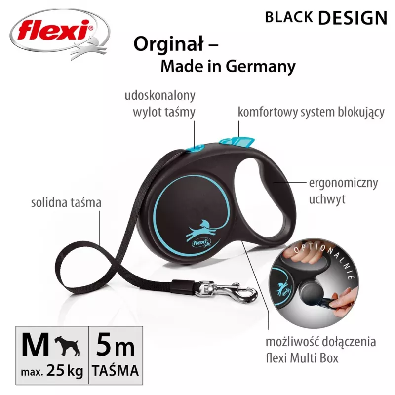 Sissetõmmatav koerarihm Flexi Must Design M — 5 m pikkus, linditüüp, max koormus 25 kg, ergonoomiline käepide