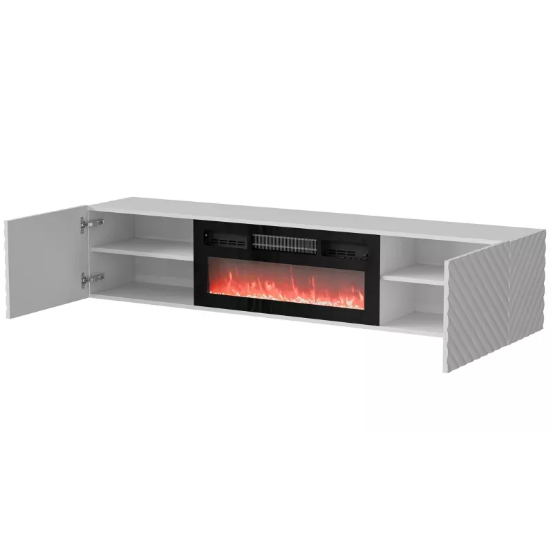 TV kapp Cama Meble LARA 183x35x37 cm, valge matt pealispind, valge raam, must kamin