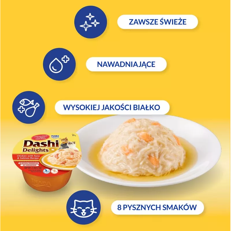 INABA Dashi Delights kana, tuunikala ja lõhe puljong - kassimaius - 70g