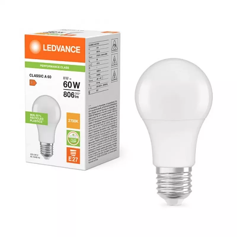 Ledvance LEDV LED-pirn 8,5-60W/827 806lm E27 matt 200° 15000hEEK F