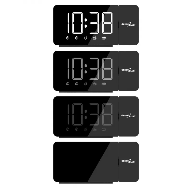 Digitaalne LED-kellraadio GreenBlue GB172 koos FM-tuuneri, projektori, termomeetri, USB 5V ja CR2032 toitega