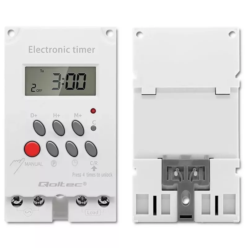 DIN-liistule paigaldatav elektrooniline taimer QOLTEC PC0629 — 24 V toide, 16 A väljund