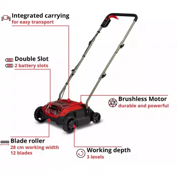 Vertikulaator / Muruõhutaja EINHELL GC‑SC 18/28 DS Li‑Solo — töölaius 28 cm, akutoitega (ainult seade)