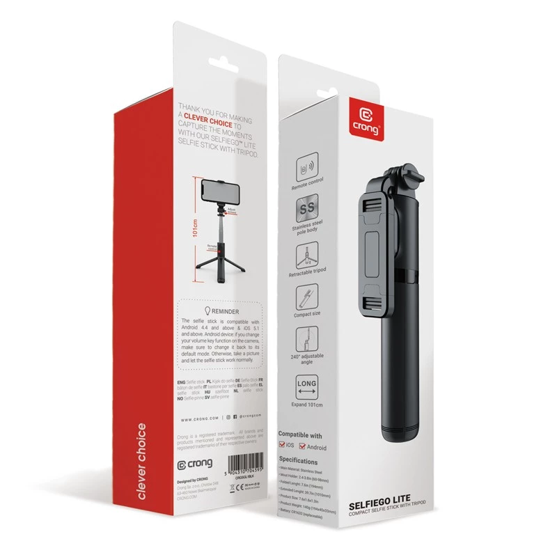 SelfieGo Kompaktne selfiepulk Bluetooth-statiiviga (20-101 cm) Crong CRGSGL1B