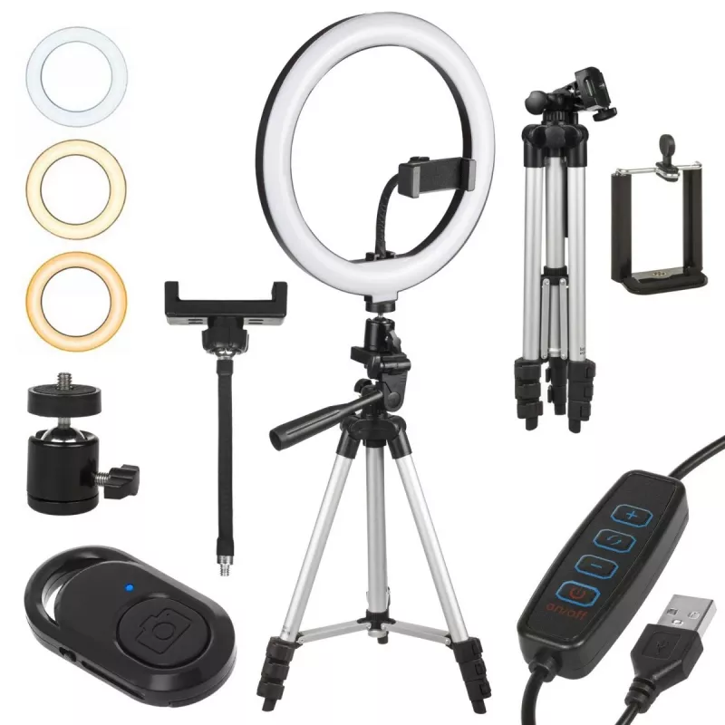 Maclean MCE610 10 12W LED-ringsvalgus statiivi ja Bluetooth-päästikuga, 3 värvi, 10 heledustaset, 10%–100% reguleeritav heledus, 160 LED-i, nutitelefoni hoidikuga valgusti