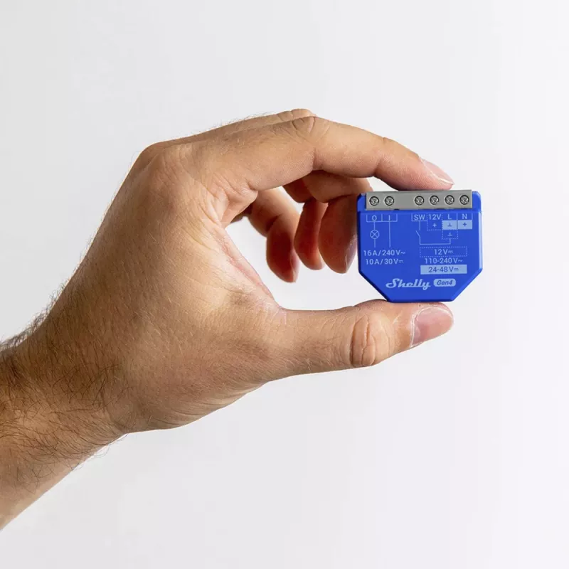 Nutikas lüliti Shelly 1 Gen4 — juhtmevaba 240 V AC, Wi‑Fi 2.4 GHz, Bluetooth 5.0, ZigBee, plastikust korpus 42×16×37 mm