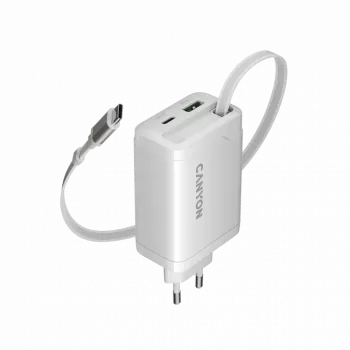 CANYON laadija OnCharge 65RC sisseehitatud USB-C kaabliga 65W, 1x PD, 1x QC, EL pistik, valge