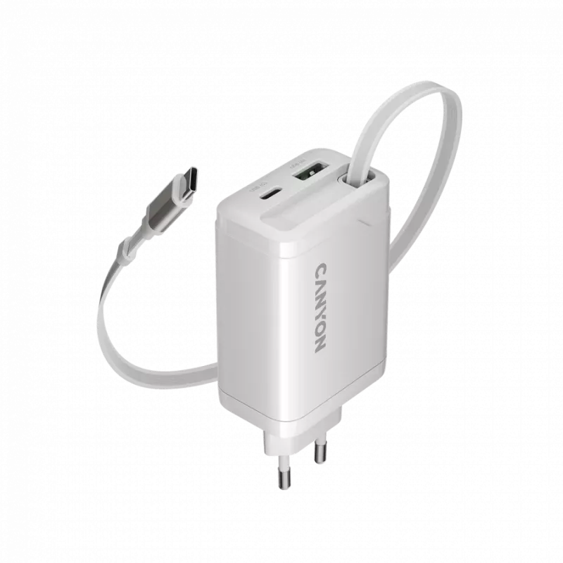 CANYON laadija OnCharge 65RC sisseehitatud USB-C kaabliga 65W, 1x PD, 1x QC, EL pistik, valge