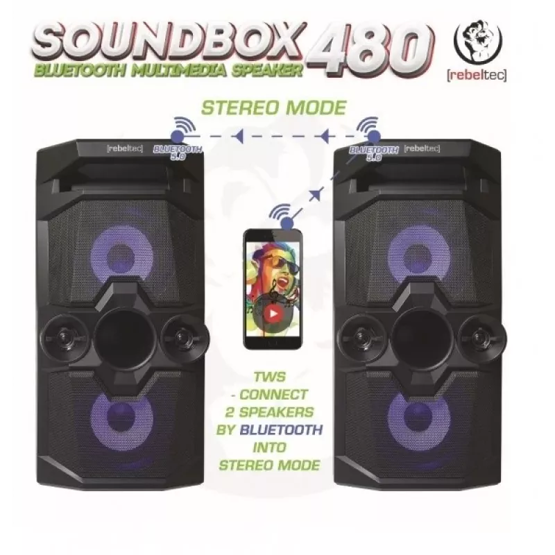 Rebeltec SoundBox 480 kaasaskantav Bluetooth stereokõlar must, 50W RMS